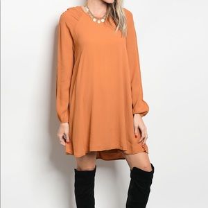 Camel Long-Sleeve, Babydoll Dress